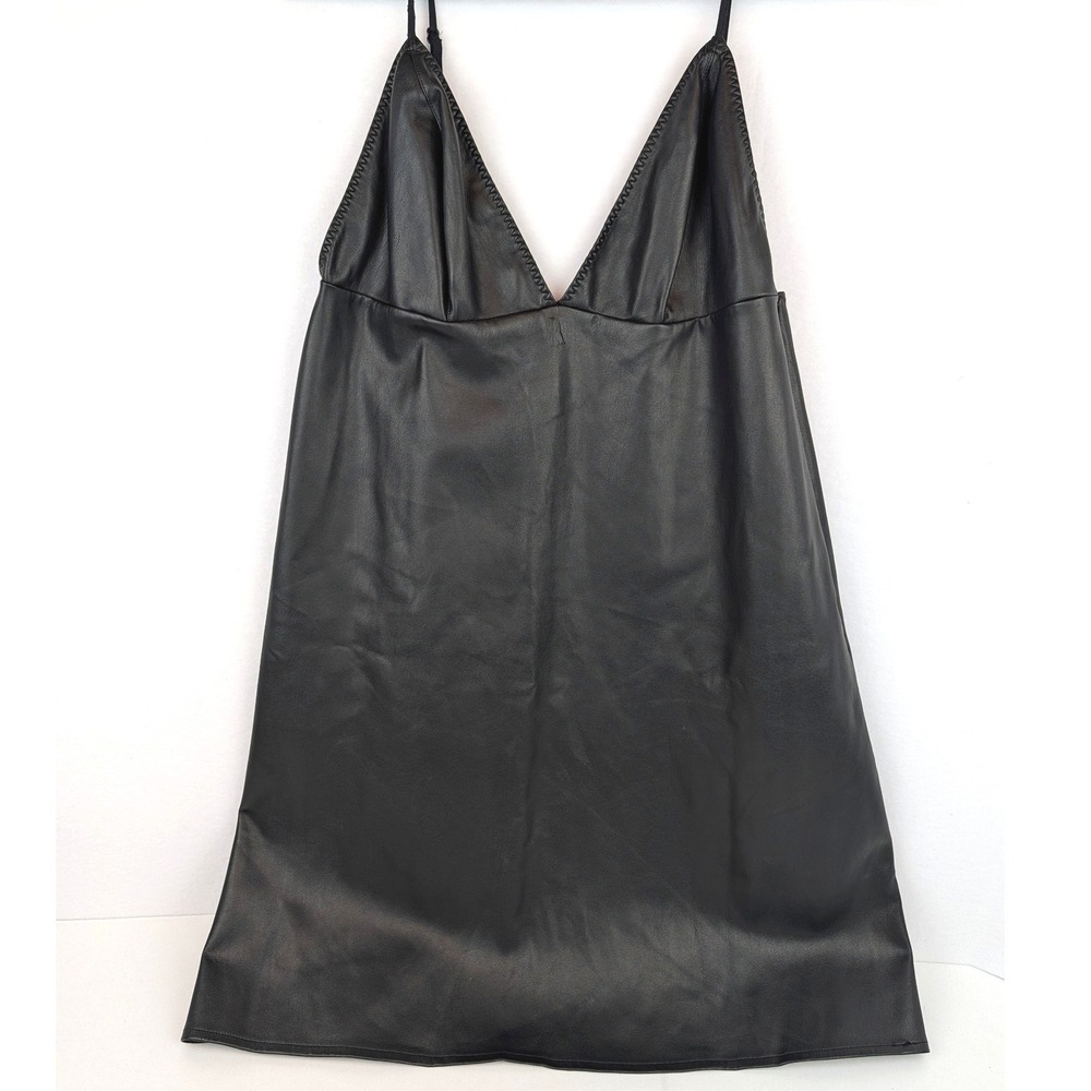 Black Faux Leather V-Neck Mini Dress Empire Waist Adjustable Spaghetti Straps M - Picture 1 of 13